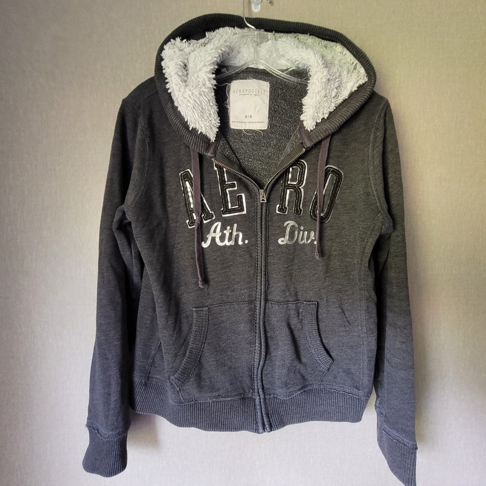 Vintage 2014 Aeropostale Gray Sherpa-Lined Hood Zip-Up Graphic Hoodie M Grunge